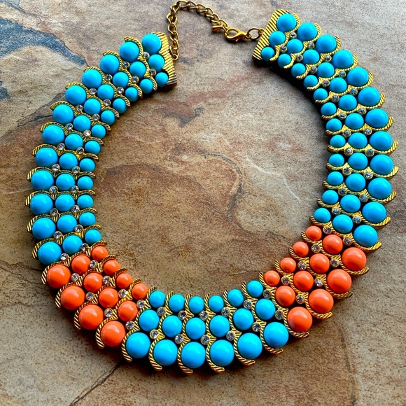 Inman Collar Necklace Turquoise Tone Orange Southwestern Rhinestones Resort Wear - Picture 1 of 6